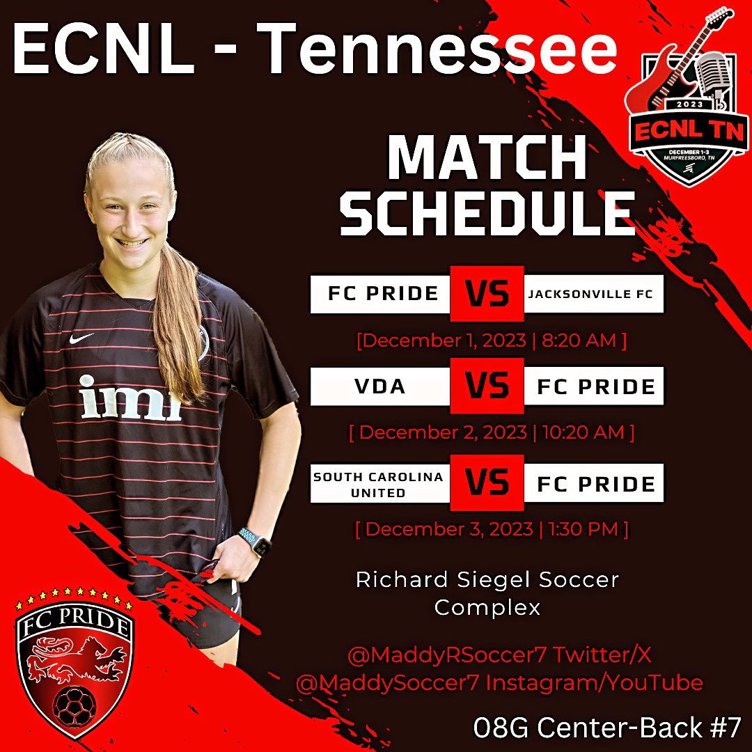 Come watch my teammates and I compete at the ECNL Tennessee showcase! Great competition and preparation for upcoming league games. Can’t wait! @FCPGirlsEcnl @ImYouthSoccer @ImCollegeSoccer @FCPride08g_ECNL @ECNLgirls