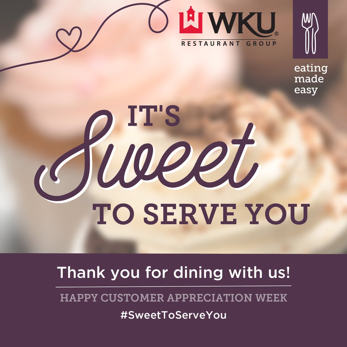 It's Customer Appreciation Week! Come to these special events and allow us to serve you Hilltoppers and show our appreciation for all of you awesome people!

Times for the events can be found on Instagram or Facebook <a href="/wkurg/">WKU Restaurant Group</a>

#customerappreciation #wku #wkurg