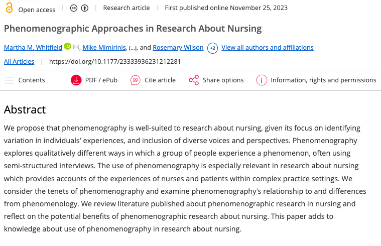🔖Delighted to share our new #OpenAccess paper: 'Phenomenographic Approaches in Research About Nursing' w/ @MarthaWhitfield Danielle Macdonald, Tracy Klein, Rosemary Wilson #Nursing #phenomenography journals.sagepub.com/doi/10.1177/23…