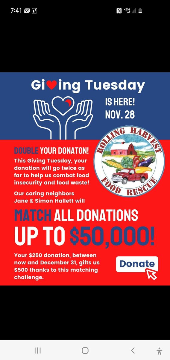 rollingharvest.org/make-a-donatio…

Our #GivingTuesday appeal starts NOW! 
With an epic $50,000 match from our friends, Jane and Simon Hallett, hope you can help us make this the best year ever for food security. 
Thanks a bushel for your support to Keep us Rolling.