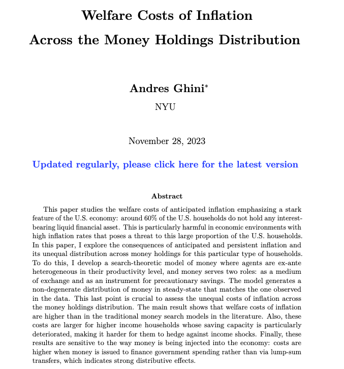 andresghini92's tweet photo. Hi, #EconTwitter!

I am very excited to announce that I am on the Job Market this year.

In my JMP, I study the welfare costs of anticipated inflation, not only at the aggregate level, but also across the money holdings distribution.

🧵1/ https://t.co/6MQbMGAdvA