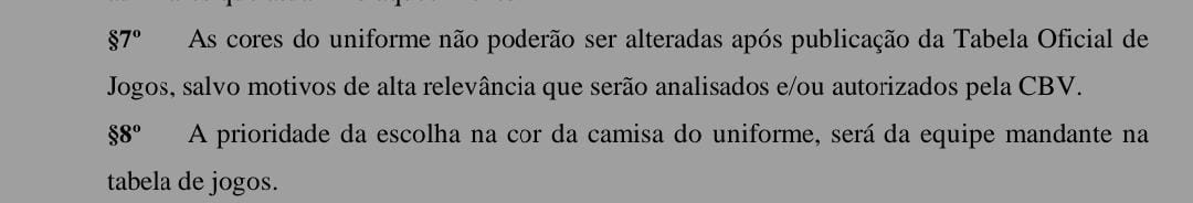 ARTIGO 138º do regulamento da Superliga 23/24
• As cores do uniforme não poderão ser alteradas após publicação da Tabela 
Oficial de Jogos, salvo motivos de alta relevância que serão analisados e/ou 
autorizados pela CBV.

na tabela de jogos.