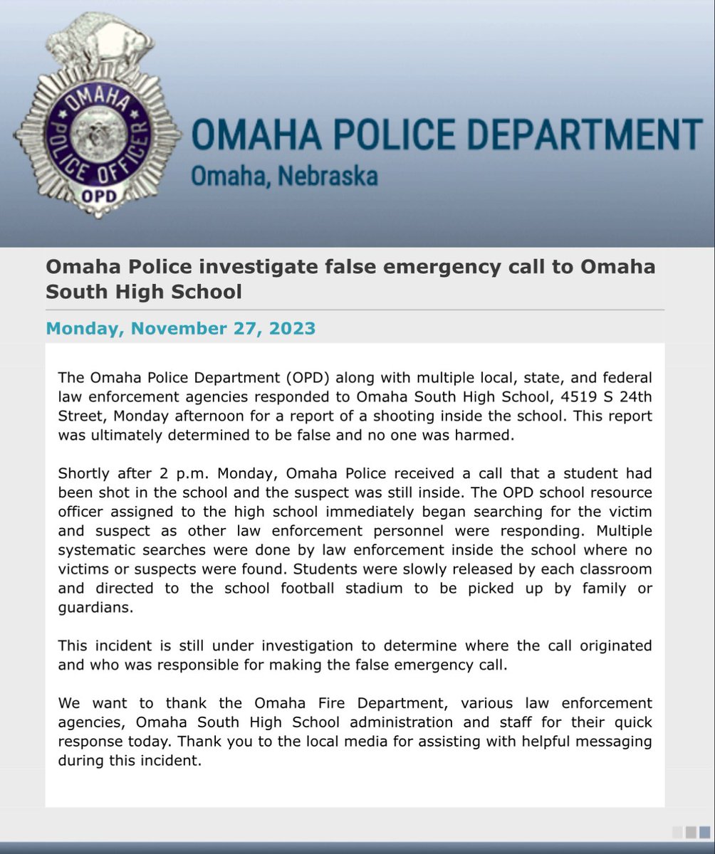 .@OmahaPolice are investigating a fake shooting call to Omaha South High School. Around 2 p.m., Omaha Police received a call of a shooting. The OPD school resource officer assigned began searching for the victim and suspect as other area law enforcement and medical responded to…