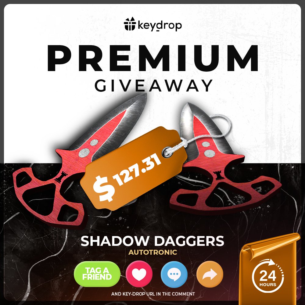 keydropcom's tweet image. Giveaway on ★ Shadow Daggers | Autotronic 🎁

👊 Just leave ❤️ under the post!
🤝 Follow us!
🔁 Retweet!
👤Tag a Friend!

⏰ Wait 24 hours!

#freeskins #csgoskinsgiveaway #csgoskinsfree #giveaway #csgocase #csgocommunity #csgoesport #skins #csgoskins #keydrop #keydropcom