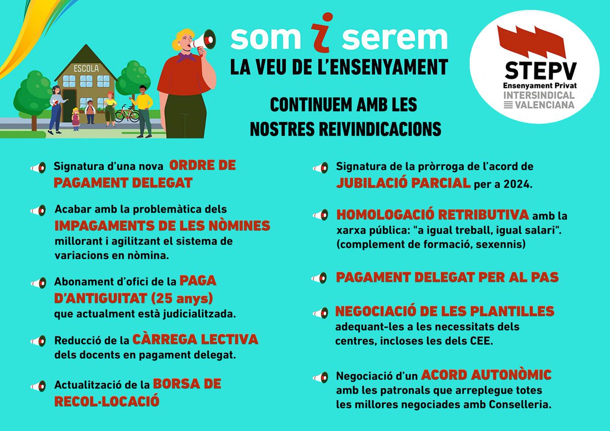 🔊🔊 STEPV-Iv PRIVADA-CONCERTADA INFORMA 🔊🔊
📣CONTINUEM AMB LES NOSTRES REINVIDICACIONS‼️👆🏼‼️
🔜A més, us comuniquem, que en la propera nòmina es veurà reflectit l'augment retributiu salarial del 0'5% acordat, i amb efectes retroactius d'1 de gener.