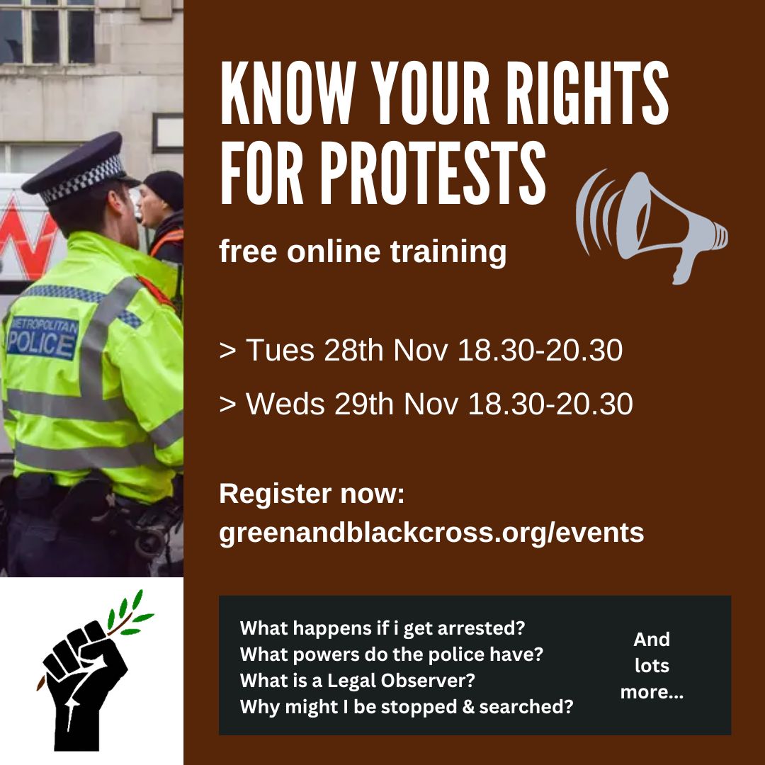 if you've not been to a know your rights training for protests, what have you been doing? 🤔

join us tomorrow (tues) or weds to learn all about how to keep yourself and others safer at protests
➡️book now: greenandblackcross.org/events

#WeKeepUsSafe #KnowYourRights