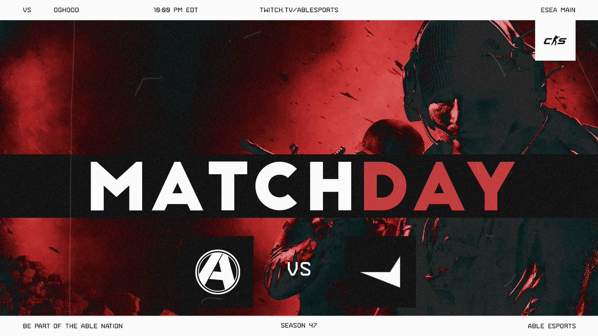 Able Esports (@ableesports) on Twitter photo Our #CSGO team goes again tonight in their #ESEA Main Season 47 matchup. let's go!
🆚 ogHOOD
🕒 10 PM EST
📺 twitch.tv/ablesports
🎙️ <a href="/able_mil/">Emil ".mil" Vanjaka</a>
<a href="/larouche_91/">chuckkk</a>
<a href="/fronttt/">froNt^M</a>
<a href="/CSGO_Kizy/">Kizy</a>
<a href="/KRL_CS/">karl-andré</a>
<a href="/Senpaii_cs/">Senpaii</a> Our #CSGO team goes again tonight in their #ESEA Main Season 47 matchup. let's go!
🆚 ogHOOD
🕒 10 PM EST
📺 twitch.tv/ablesports
🎙️ <a href="/able_mil/">Emil ".mil" Vanjaka</a>
<a href="/larouche_91/">chuckkk</a>
<a href="/fronttt/">froNt^M</a>
<a href="/CSGO_Kizy/">Kizy</a>
<a href="/KRL_CS/">karl-andré</a>
<a href="/Senpaii_cs/">Senpaii</a>