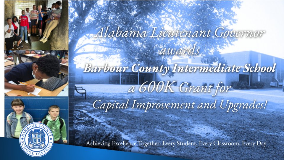 Barbour County Schools (@bcsalabama) on Twitter photo Great things are happening in Barbour County Schools! The Office of Lieutenant Governor <a href="/willainsworthAL/">Will Ainsworth</a> has awarded a $600,000 grant for capital improvements and upgrades at Barbour County Intermediate School.
#agreaterbcs #barbourcountyschools #wearebarbourcounty Great things are happening in Barbour County Schools! The Office of Lieutenant Governor <a href="/willainsworthAL/">Will Ainsworth</a> has awarded a $600,000 grant for capital improvements and upgrades at Barbour County Intermediate School.
#agreaterbcs #barbourcountyschools #wearebarbourcounty