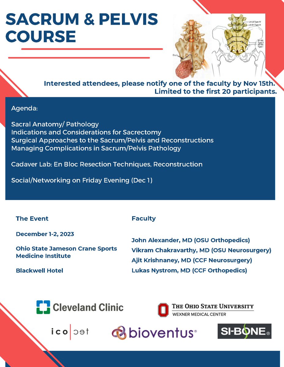 Vikram B. Chakravarthy, MD (@chakravarthymd) on Twitter photo Excited to host a Sacrum & Pelvis Course this weekend:
<a href="/OSUWexMed/">The Ohio State University Wexner Medical Center</a> <a href="/ClevelandClinic/">Cleveland Clinic</a> <a href="/OSUCCC_James/">The James at Ohio State</a>
🔹Covering sacral anatomy, pathology, surgical indications and approaches, and complication management
🔹Hands-on cadaver lab to review en bloc resection & reconstruction techniques Excited to host a Sacrum & Pelvis Course this weekend:
<a href="/OSUWexMed/">The Ohio State University Wexner Medical Center</a> <a href="/ClevelandClinic/">Cleveland Clinic</a> <a href="/OSUCCC_James/">The James at Ohio State</a>
🔹Covering sacral anatomy, pathology, surgical indications and approaches, and complication management
🔹Hands-on cadaver lab to review en bloc resection & reconstruction techniques