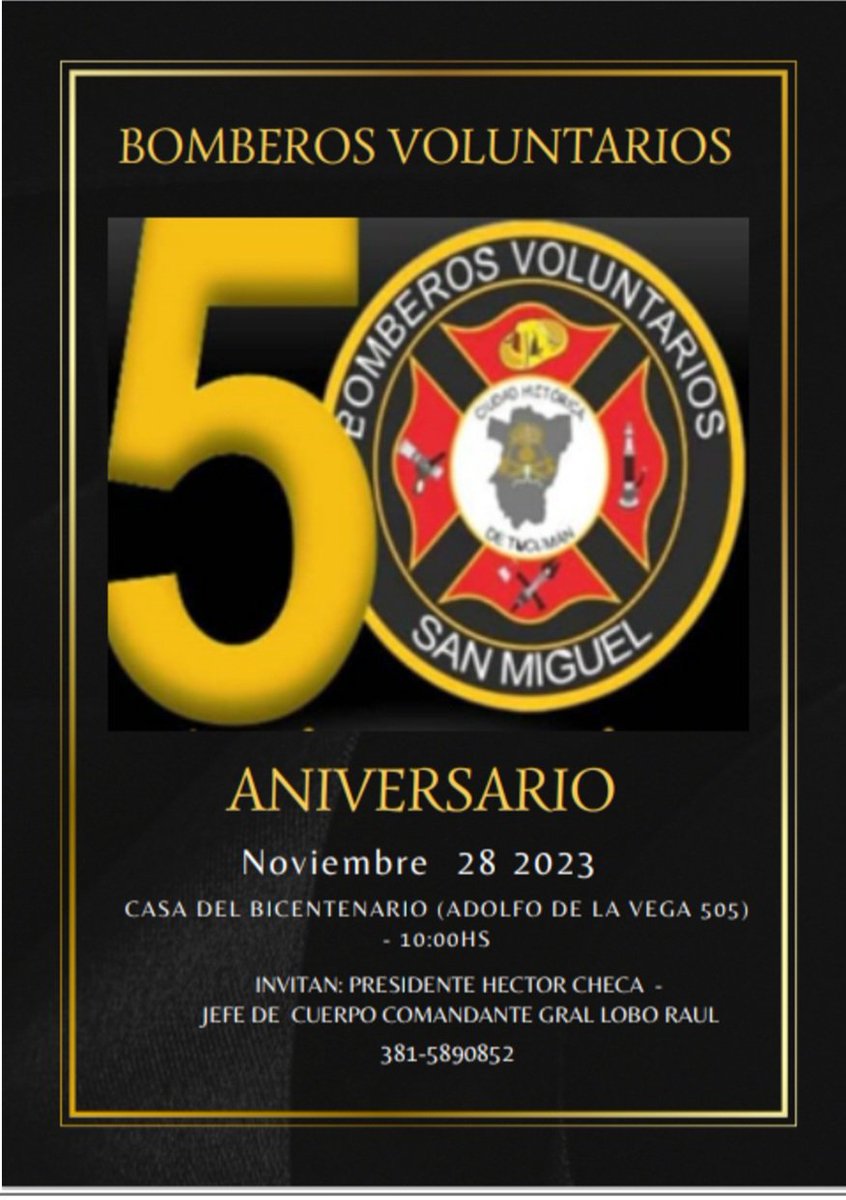 bbvvsmtuc's tweet photo. CUENTA REGRESIVA
 Mañana martes 28 de noviembre nuestra institución se viste de fiesta...CUMPLIMOS 50 AÑOS!!! al servicio de la comunidad.
Por tal motivo invitamos a toda la comunidad a acompañarnos en el acto .@CAlfonsoBombero #Bomberosvoluntariossmt 
#bomberosorgullonacional https://t.co/MRgVGCZmdL