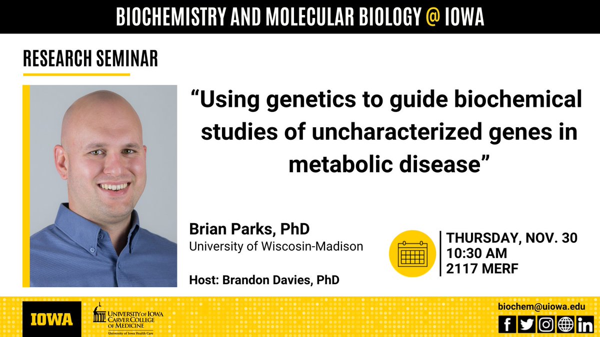 This week we are excited to have Dr. Brian Parks of @UWMadison share his research on 'Using Genetics to Guide Biochemical Studies of Uncharacterized Genes in Metabolic Disease.' Thursday, November 30, 10:30am in 2117 MERF. #biochemistry #molecularbiology