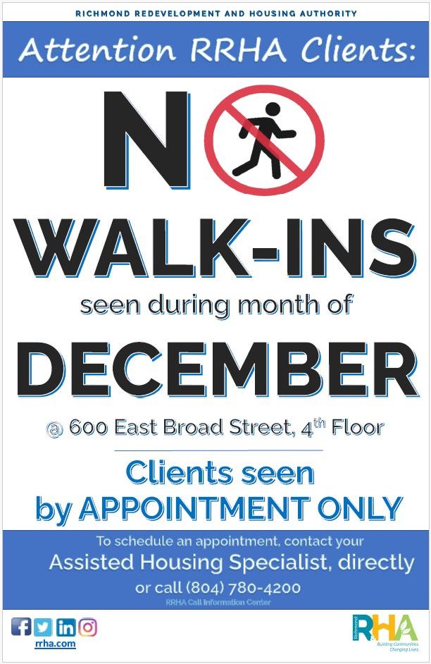 This is the LAST WEEK for RRHA walk-in customers to be seen. During Dec. 2023, RRHA’s Housing Choice Voucher & Tenant Selection Office will ONLY see clients by appt @ 600 E. Broad St. Call (804) 780-4200 for appt. rrha.com/news/rrha-susp…