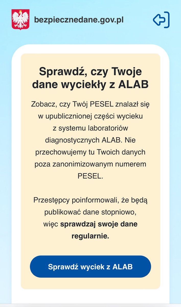 Bezpiecznedane.gov.pl - zespół @COIgovPL & @NASK_pl dodał dane z wycieku ALAB, można sprawdzić, czy nasz PESEL już wyciekł. Dane przestępcy planują upubliczniać partiami, więc warto sprawdzać co jakiś czas. @niebezpiecznik @Sekurak @Zaufana3Strona @TomaszRychter