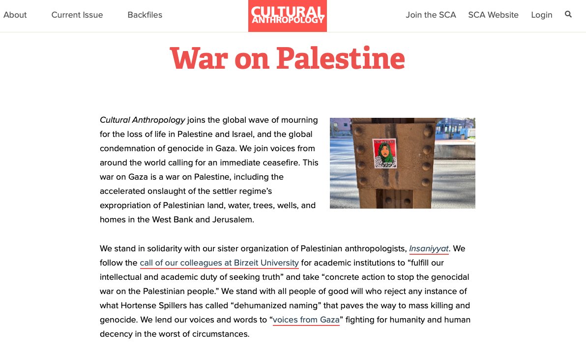 This new Curated Collection from the editors of the Cultural Anthropology journal shares their statement & collects past CulAnth articles under the topic 'War on Palestine,' incl. those that pre-date the journal's move to open access—now free for 3 months. journal.culanth.org/index.php/ca/c…