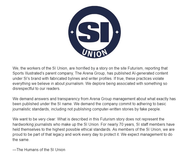 Our response to today’s story from @futurism reporting that The Arena Group has published AI-written stories by fake people under the Sports Illustrated name: