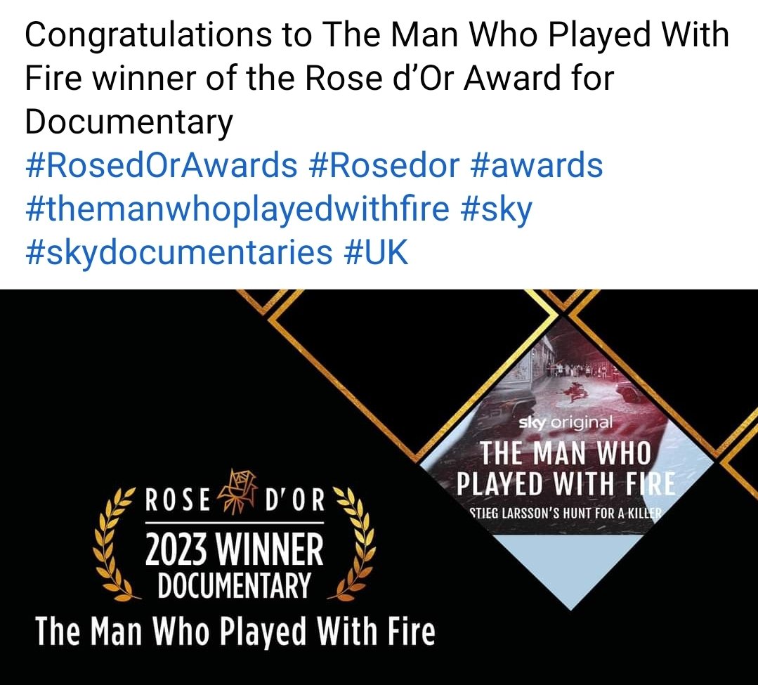 JanStocklassa's tweet photo. Another award for #themanwhoplayedwithfire . Congratulations to #mattrudge #rawtv #skytv #warnerdiscovery and EVERYBODY involved!!! https://t.co/P2pFNsuj4y