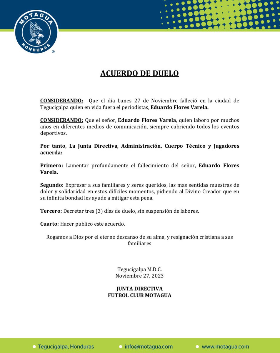 radioamericahn's tweet photo. 📌 El comunicado del Fútbol Club Motagua tras el lamentable fallecimiento de nuestro querido excompañero, Eduardo Flores Varela. 

#RadioAmérica #AméricaDeportes https://t.co/ZV0GvRIXgq