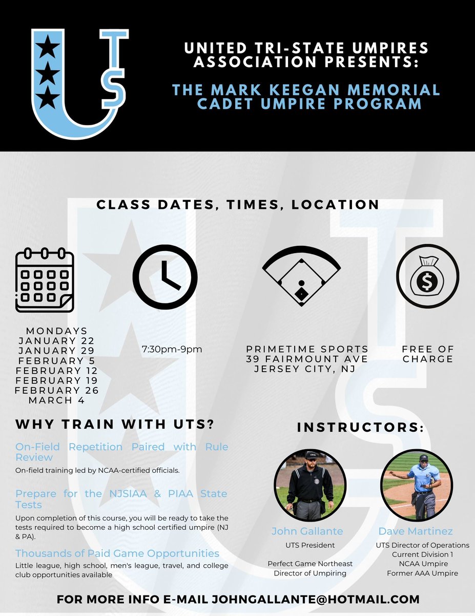 If you have ever had an interest in becoming an umpire, this is a great opportunity. With a track record of success, our thorough curriculum will leave you prepared to succeed on your first day on the field. Training classes will be held in both Southern and Northern NJ.
