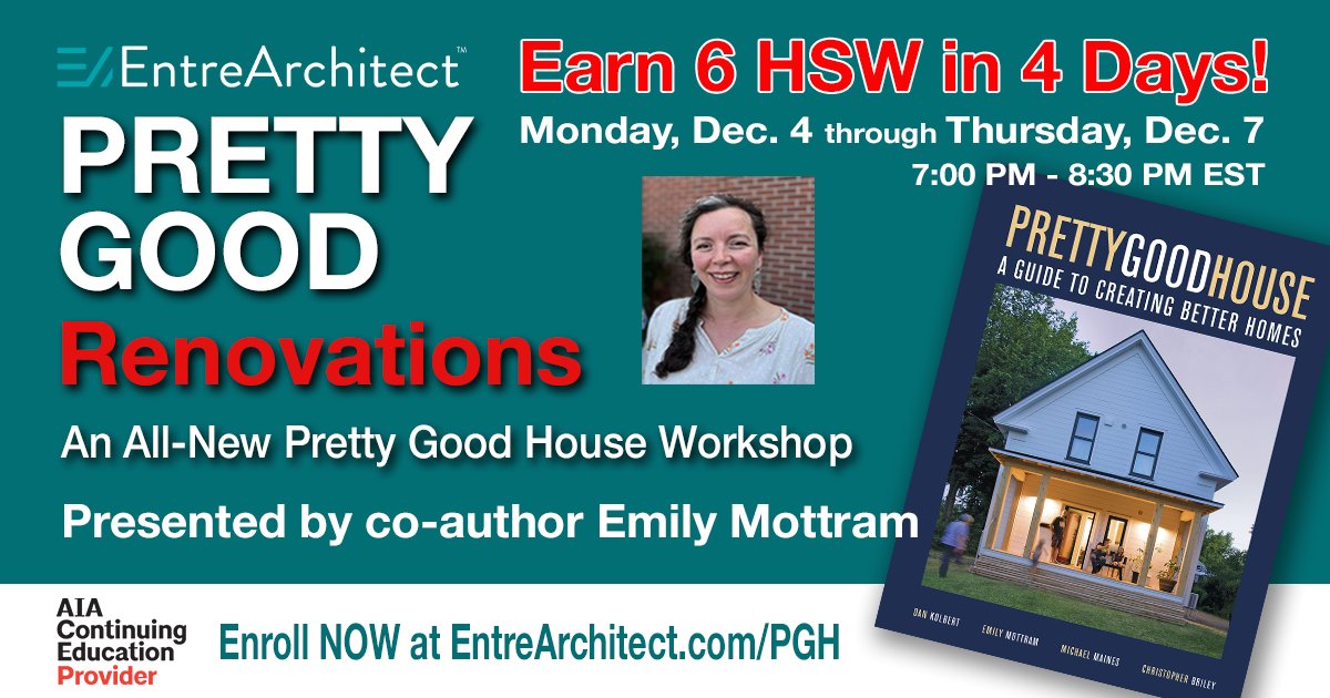 Architect friends... looking for HSW continuing education? Here are 6 for you, and you will learn how to design sustainable renovations. Register now at entrearchitect.ck.page/pgh2023