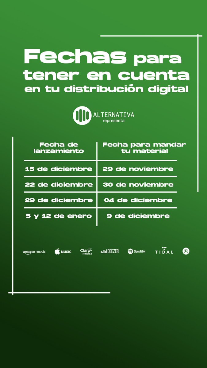 Te compartimos las fechas para tomar en cuenta si quieres que este año o los primeros días del próximo salgan tus proyectos en plataformas digitales 🎶🌎
¡contáctanos podemos asesorarte! 
#DistribuciónDigital🌎 
#SolucionesParaArtistas