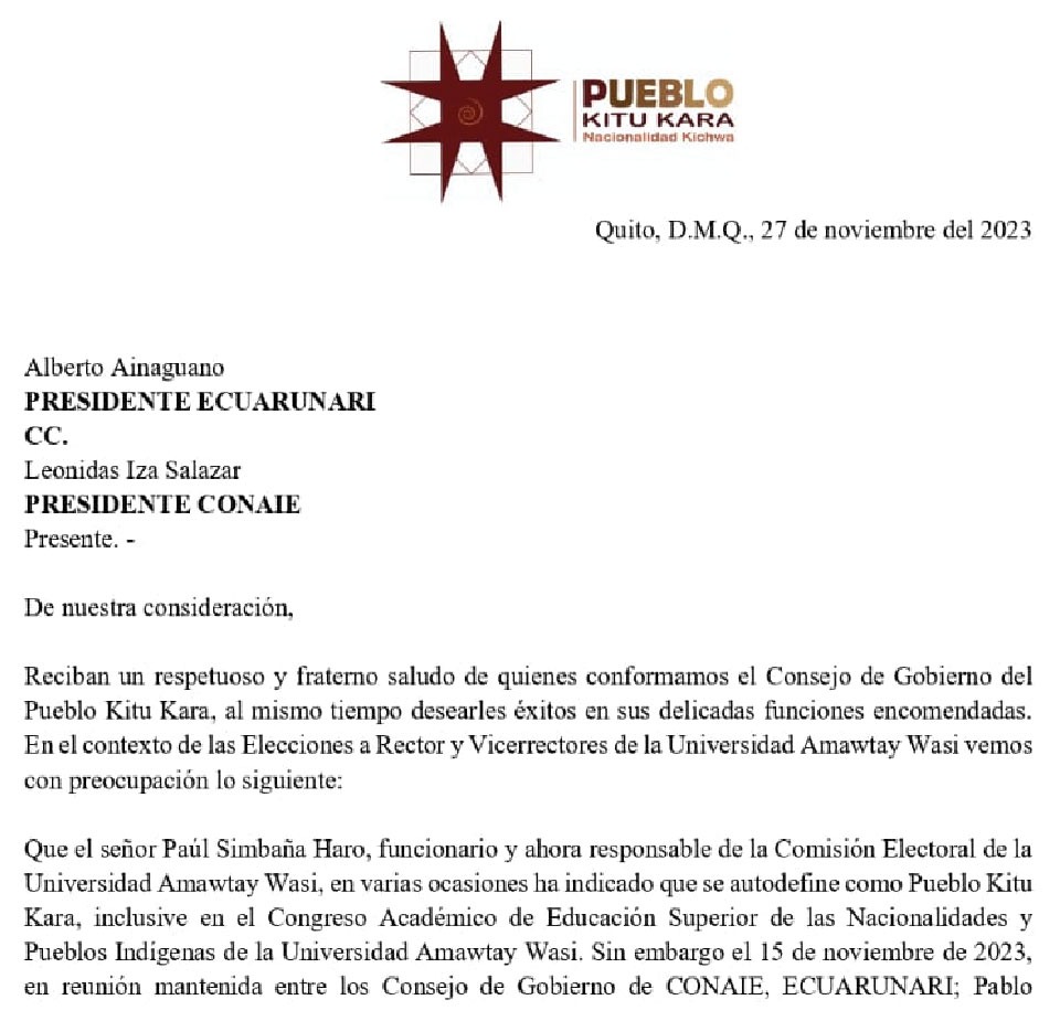 ecuarunari_ofic's tweet photo. #Willachina
La @ecuarunari_ofic y el @PuebloKituKara expresan su desacuerdo con Paúl Simbaña Haro, funcionario de la @UniversidadAmawtayWasi, por afirmar ser parte del Pueblo Kitu Kara y utilizar esa identidad para acceder a un cargo público #AmaLlulla #AmaShwa #AmaKilla https://t.co/w2SVN0RUMl