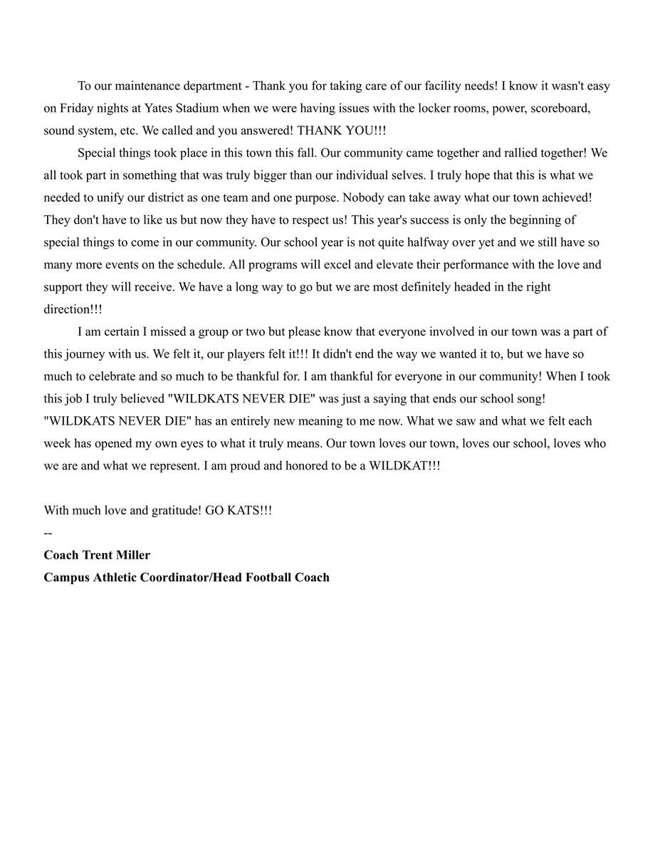 A letter to the Willis Community from Trent Miller, Willis High School's Head Football Coach and Campus Athletic Coordinator. 🐾🏈