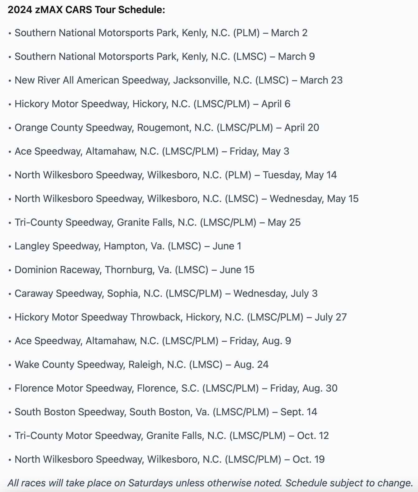 Ace Speedway 2025 Schedule