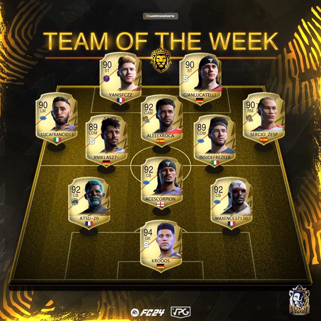 👥 Team of the week! 
📊 Standings 
🗓️ Week Four  
🏆 <a href="/VPGPremier/">VPG Esports Premier</a> - Check out Duelmasters.io - take part in FC24 matches! 💵 <a href="/DuelmastersGG/">Duelmasters.io</a> 

💪🏽 Congratulations to all the players that made this weeks TOTW! 

1: <a href="/FlowUPeSports/">FlowUP eSports</a> 🇪🇸 
2: <a href="/OneMindXI/">One Mind</a> 🇮🇹
3: <a href="/ProlificFIFA/">Prolific FIFA</a> 🏴󠁧󠁢󠁥󠁮󠁧󠁿
4: