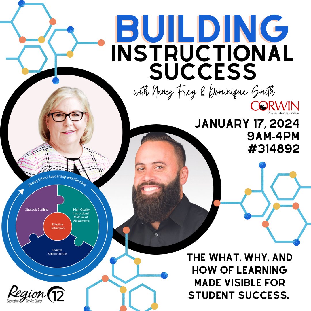 We are excited to welcome Drs. Nancy Frey &amp; Dominique Smith on Wednesday, January 17, 2024, to lead us through conversation and learning toward building instructional success. Register for Session #314892 at txr12.escworks.net before all spots are gone! #txed #leadTX