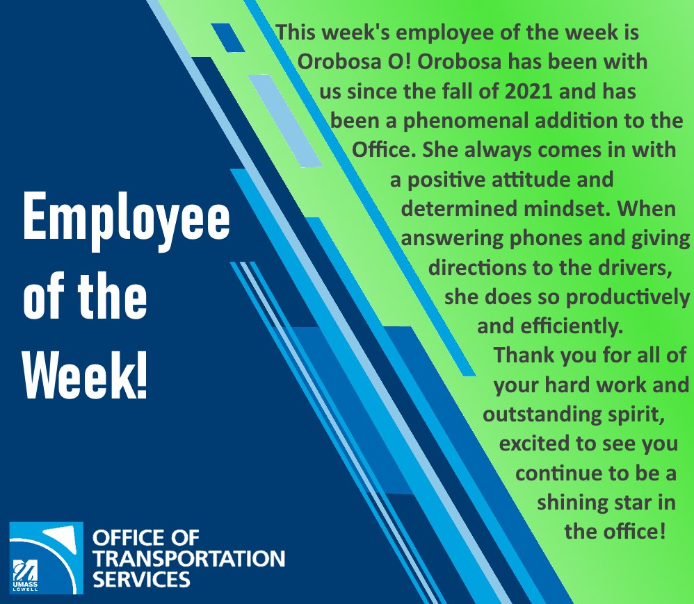 This week's employee of the week is Orobosa O! Orobosa has been with us since the fall of 2021 and has been a phenomenal addition to the Office. She always comes in with a positive attitude and determined mindset. Thank you for all your hard work and outstanding spirit!