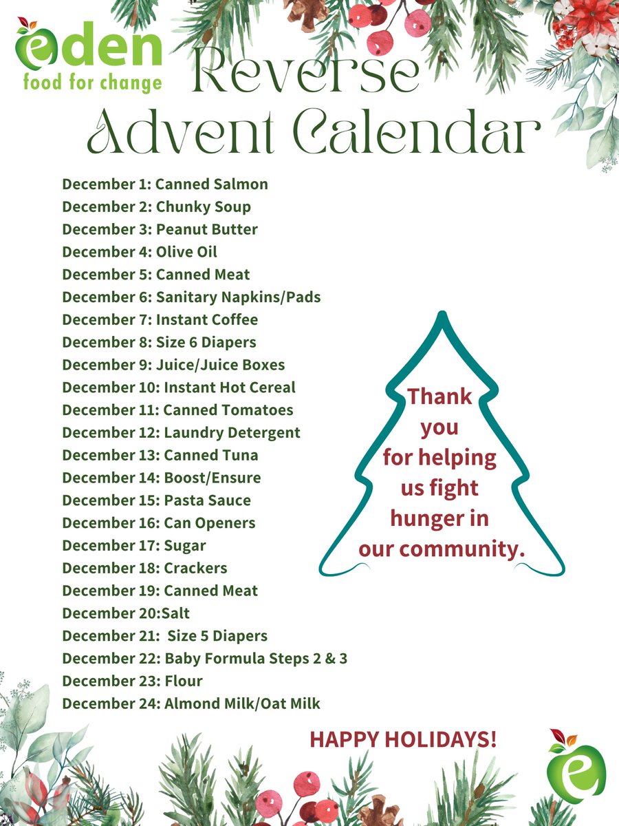 EdenFood4Change's tweet photo. For #MostNeededMonday we encourage our community to give back using our fun REVERSE Advent Calendar! Add a most needed item to a box each day and when we reopen after the holidays on Jan 2nd, donate the items to EFFC.
Thank you for helping us fight hunger in our community 💚 https://t.co/ihY3lT0MXz