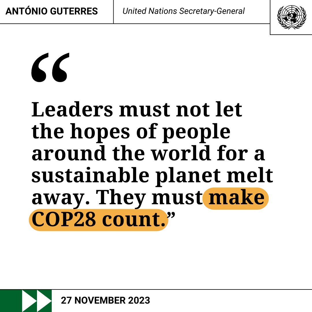“Leaders must act to limit global temperature rise to 1.5°C, protect people from climate chaos &amp; end the fossil fuel age.”

– <a href="/antonioguterres/">António Guterres</a> says leaders must take urgent #ClimateAction steps &amp; make the #COP28 climate conference count. un.org/sg/en/content/…