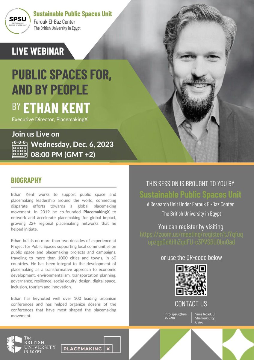 On the 6th of December 2023 at 8 pm Cairo time Ethan Kent, will present a webinar discussing the importance of creating public spaces that are for, and by, people. This webinar is hosted by Sustainable Public Spaces Unit at BUE  #ArabPlacemaking #AMAKENPlacemaking <a href="/amir_gohar/">Amir H. Gohar</a>