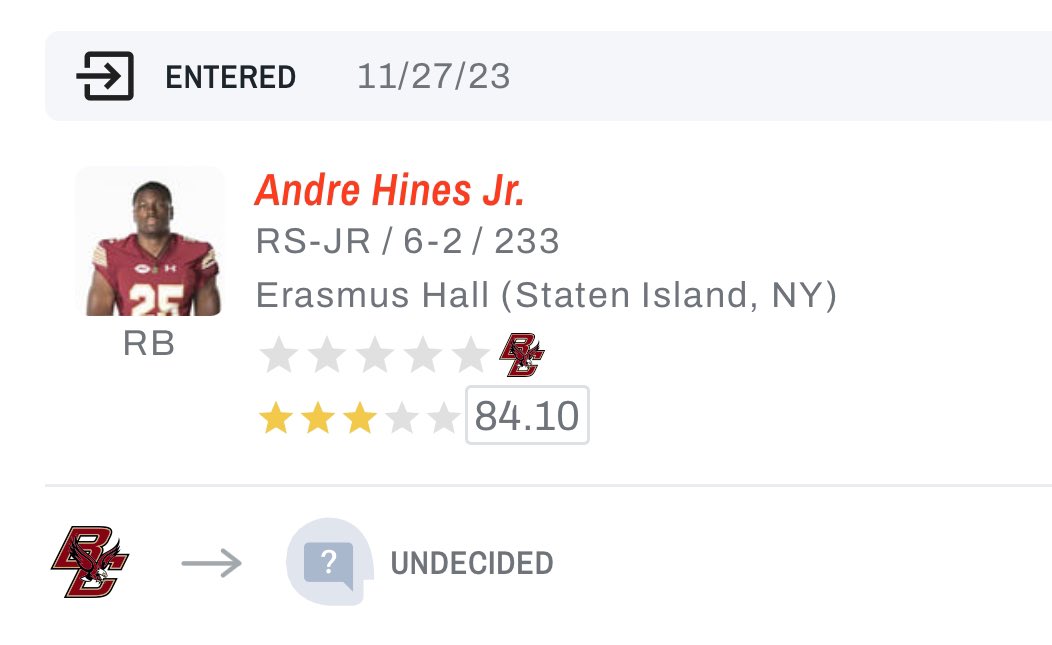 Boston College RB Andre Hines Jr. (<a href="/AndreI95Hines/">The Young Prodigy💫</a>) has entered the transfer portal, <a href="/on3/"></a> has learned. 

on3.com/transfer-porta…