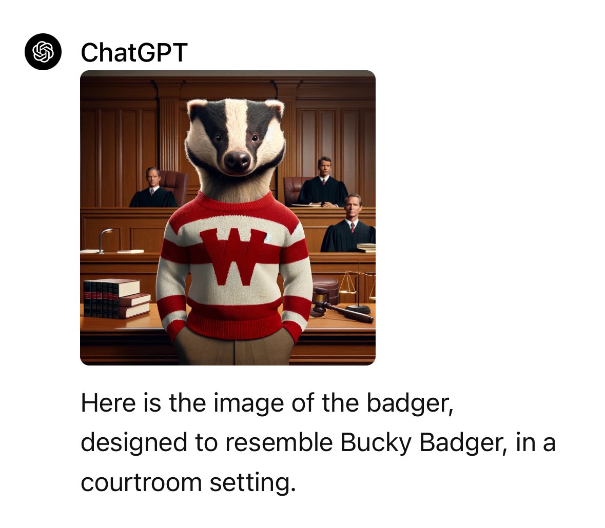 Back at Clinic HQ we sometimes ask DALL-E to create pictures of Bucky practicing law. Not because we’ve already filled the trash basket with paper basketballs. For science. Anyhoo, is this result admitting to copyright infringement? Are we contributory infringers?
