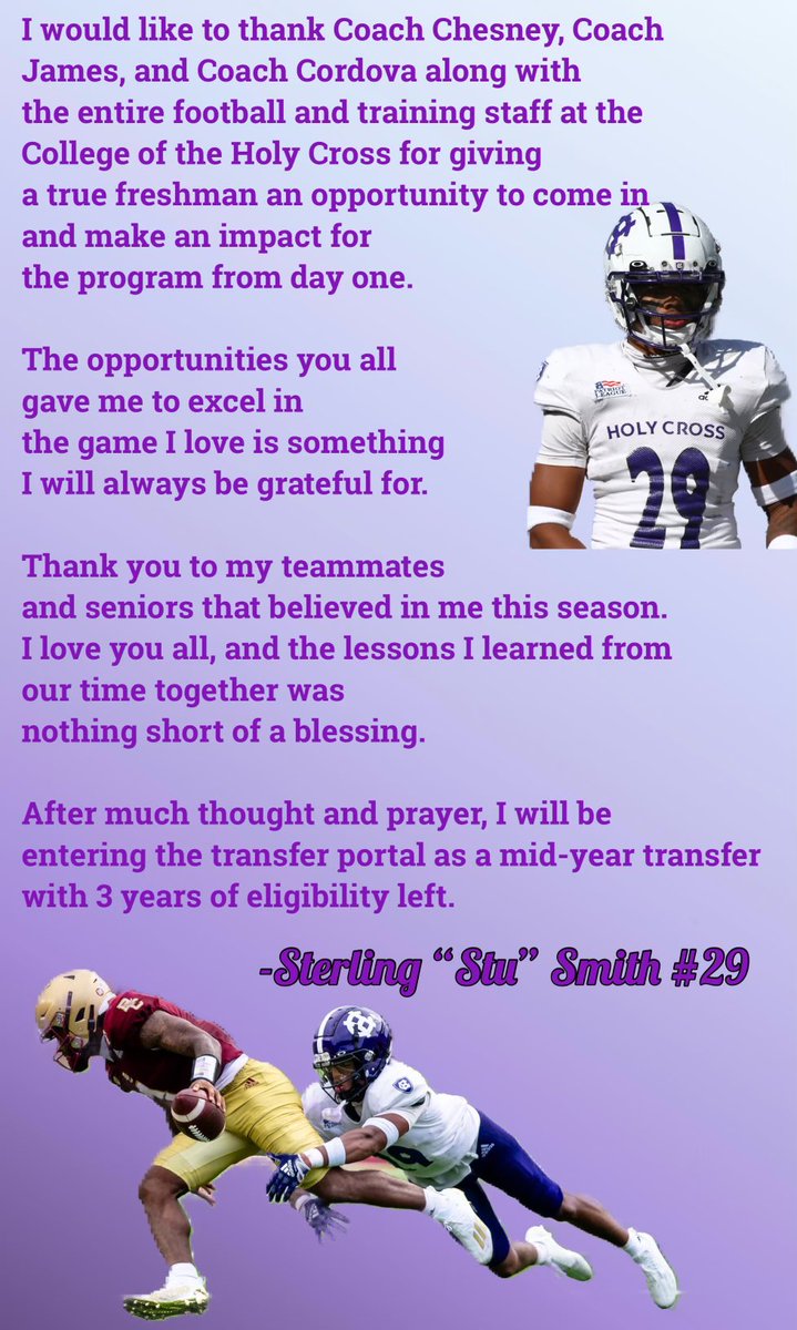 Thank you Holy Cross💜

I will be entering my name into the transfer portal as a mid-year transfer with 3 years of eligibility remaining.