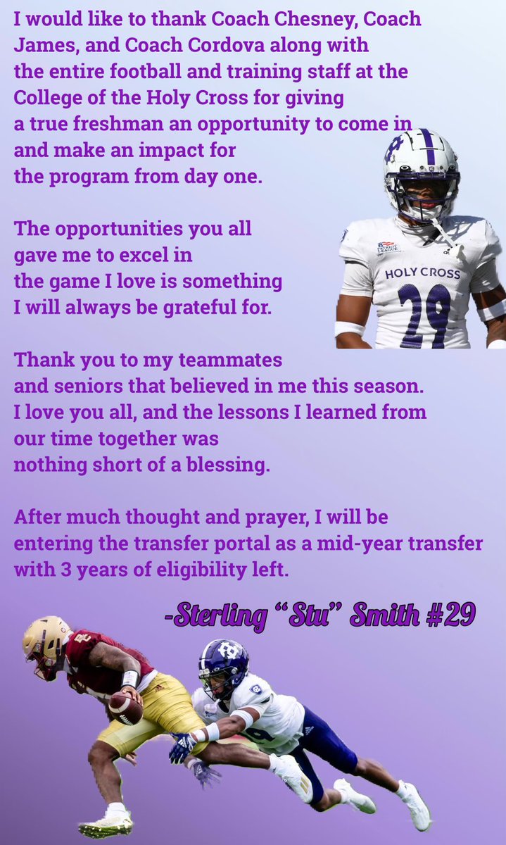 Thank you Holy Cross💜 I will be entering my name into the transfer portal as a mid-year transfer with 3 years of eligibility remaining.