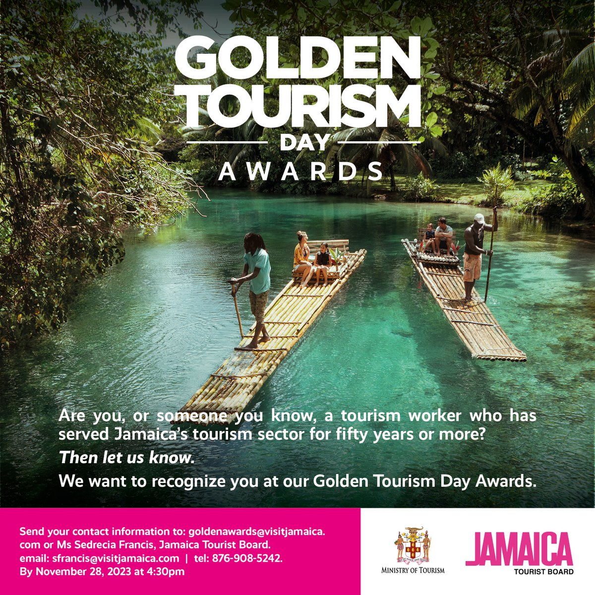 Honouring tourism stalwarts with 50+ years of service! 🏆 Join us for the Golden Tourism Day Awards 2018. 🌟 Submit your nominations now and celebrate the dedication of industry veterans. 🎉 #TourismExcellence #GoldenTourismDay #JamaicaTourism
