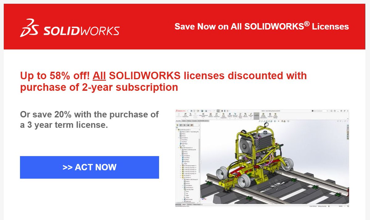 Scummy ad of the week award goes to... @SOLIDWORKS! I was interested in the 58% discount until I learned that it was not really 'all licenses', because they put an '!' between '58% off!' and 'All'. Sneaky sneaky...