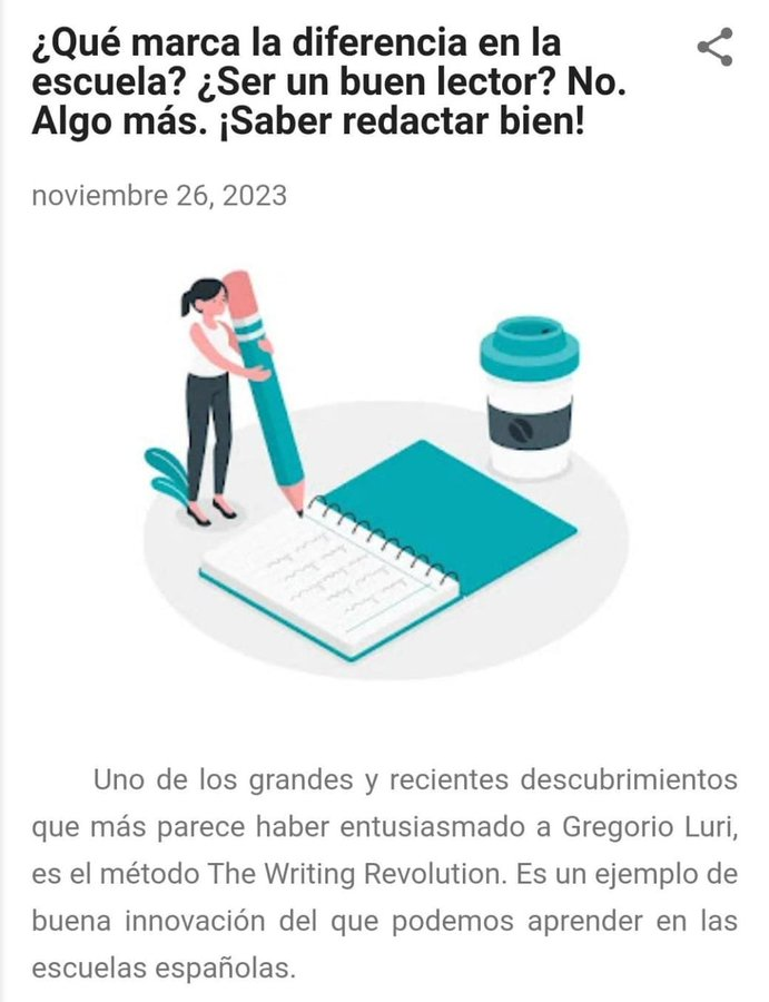 «<a href="/GregorioLuri/">Gregorio Luri</a> nos cuenta que para aprender a redactar no basta con leer mucho y bien, hay que practicar la escritura. Ecribir no es solo comunicar ideas, sino también una forma de tenerlas». Qué bueno esto de <a href="/AgilRuiz/">Álvaro Gil Ruiz</a> y el libro que recomienda.
👉piensalounratoymedices.blogspot.com/2023/11/que-ma…