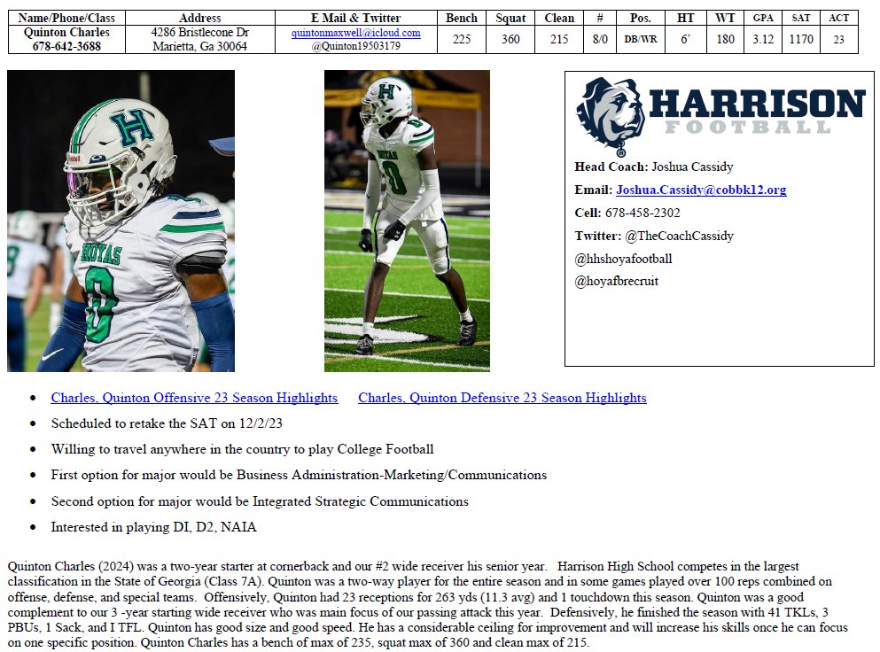 Another opportunity to promote our players!  Please stop by to learn more about <a href="/Q_Charles8/">Quinton Charles</a> 
this Wednesday, 11/29/23 at the <a href="/Gwinnetttdclub/">TDClubofGwinnett</a>
recruiting fair.  See below for highlights and a recruting profile hudl.com/video/3/160256… hudl.com/video/3/160256…