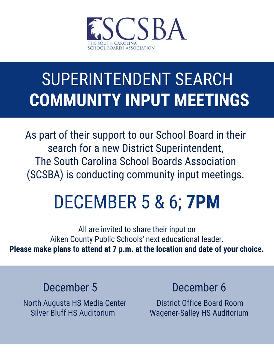 Make plans to share your input on ACPSD's Next Superintendent at one of four Superintendent Search Community Input Meetings December 5 or 6 at 7 p.m. Visit our district website at acpsd.net for more information.