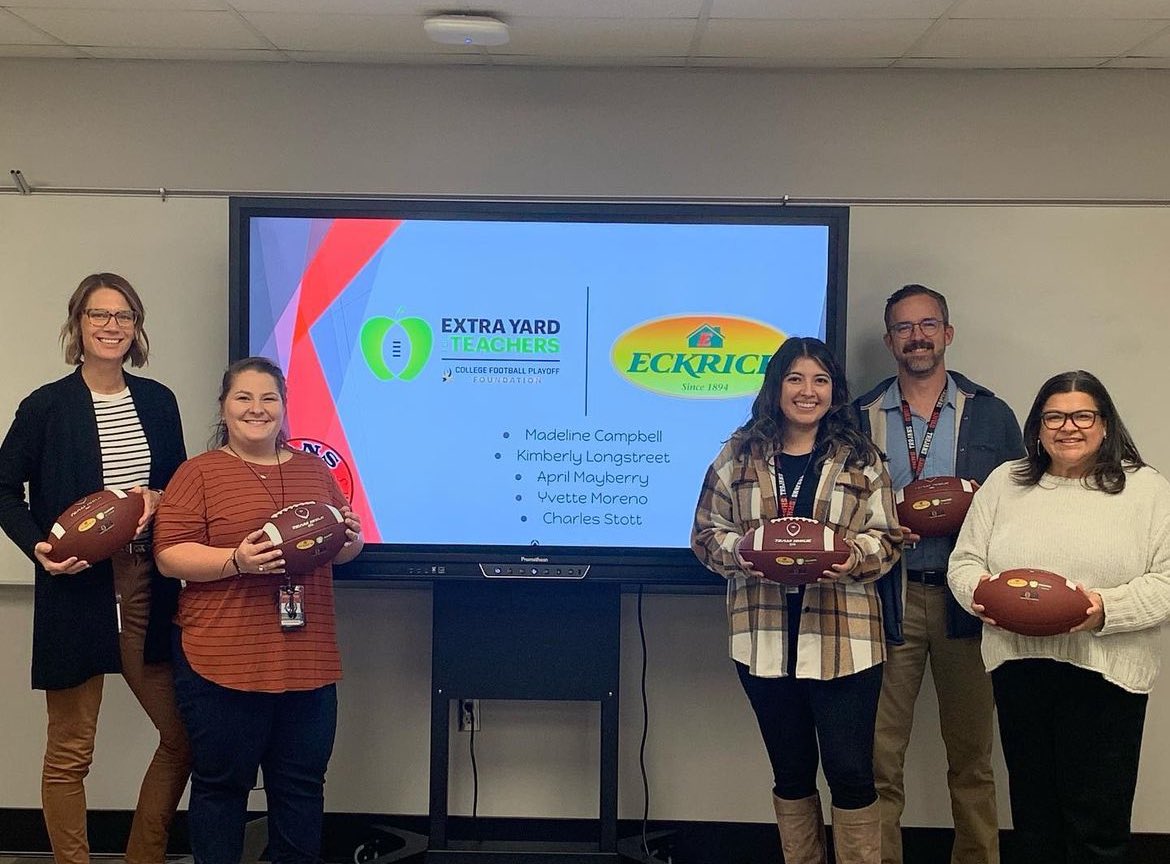 Two of our amazing Fine Art teachers were recognized by #extrayardgameball Extra Yard for Teachers #GreatTeachersChangeLives (From left: Mrs Longstreet, Mrs. Campbell, Mrs. Moreno, Mr. Stott, and Mrs. Mayberry)