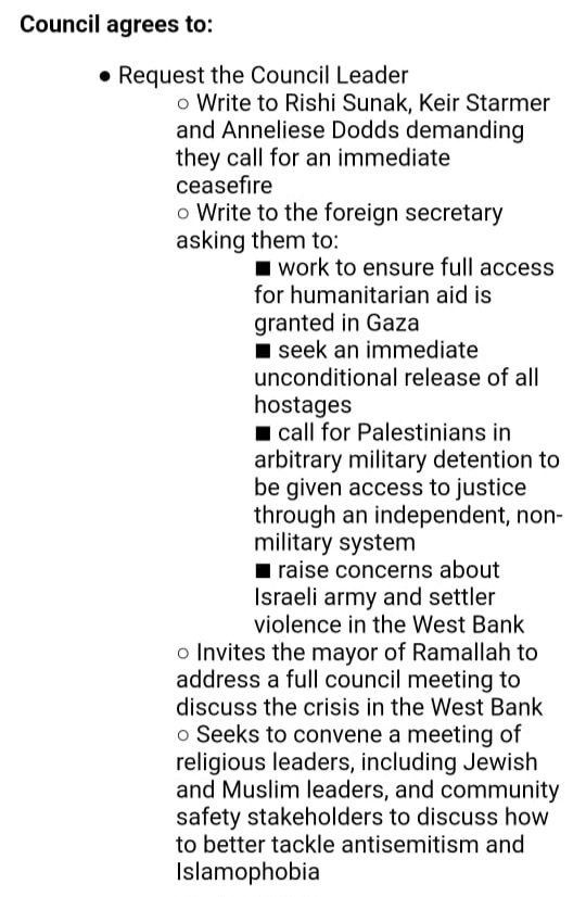 Tonight the motion I proposed at @OxfordCity to call for an immediate permanent #Ceasefire in Gaza passed unanimously. Thank you @NalaTanagra for seconding and @chrisjarvisdiy for your tireless work ensuring the amended motion passed. End apartheid. End occupation.