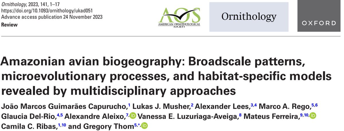 Our review on Amazonian avian biogeography is out! doi.org/10.1093/ornith…. This work was written by many many hands, and I want to thank all coauthors that made it possible! @ThomEvo @LukasMusher @Alexander_Lees @VanessaLuzuria5 @mateusfbio +