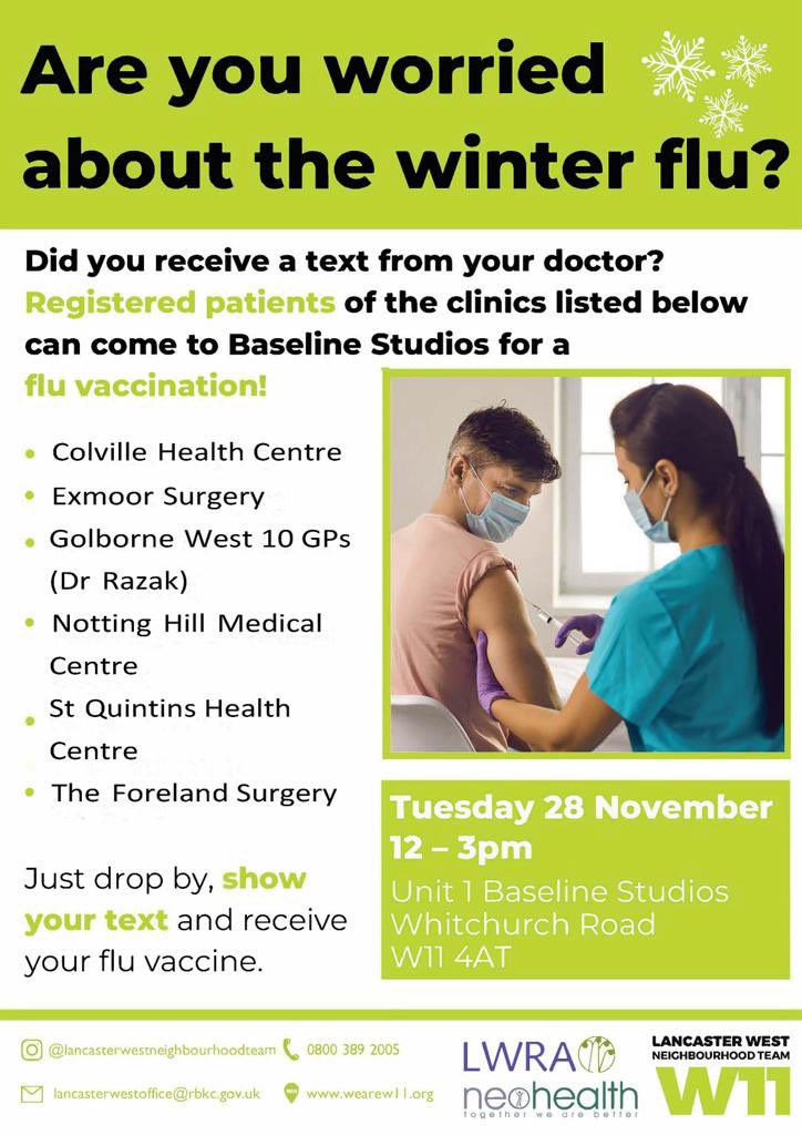 Walk in Flu Jab for all our eligible patients Tues 28th Nov in Lancaster West Estate. No appt needed!!!
