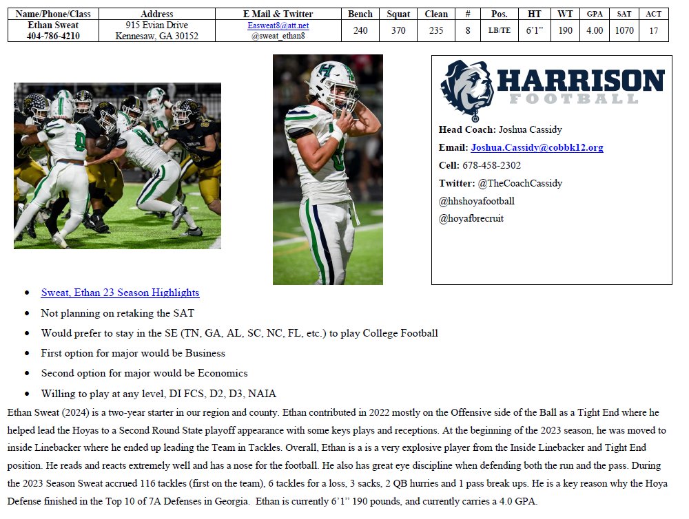Another opportunity to promote our players!  Please stop by to learn more about <a href="/sweat_ethan8/">Ethan Sweat</a>  this Wednesday, 11/29/23 at the <a href="/Gwinnetttdclub/">TDClubofGwinnett</a> recruiting fair.  See below for highlights and a recruting profile.  hudl.com/video/3/146568…