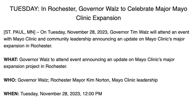 Gov. Tim Walz will celebrate a mayor Mayo Clinic expansion in MN after tanking two bills the health care system didn't like minnesotareformer.com/2023/05/22/nur…