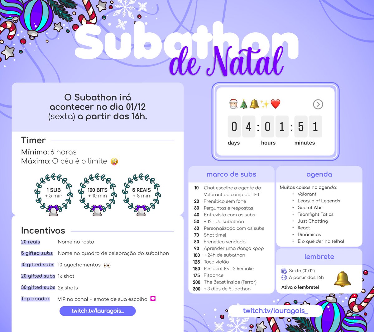 lauragois_'s tweet photo. Dia 01/12 a partir das 16h, vai acontecer nosso SUBATHON DE NATAL, todo temático e bonitinho. Eu passei a noite inteira planejando  essa live, quero fazer algo bem diferente e mais dinâmico. Ahhh, e vai ter surpresinhas também! Mas vocês só irão saber se participarem 👀 https://t.co/JFwDpP5Ex0