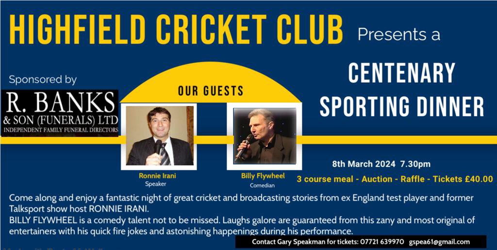 This is the first event of our centenary year on Friday March 8th. The dinner is sponsored by our Centenary Partner, R Banks @ Son (Funerals) Ltd. Contact Gary on 07721639970 to secure your tickets.